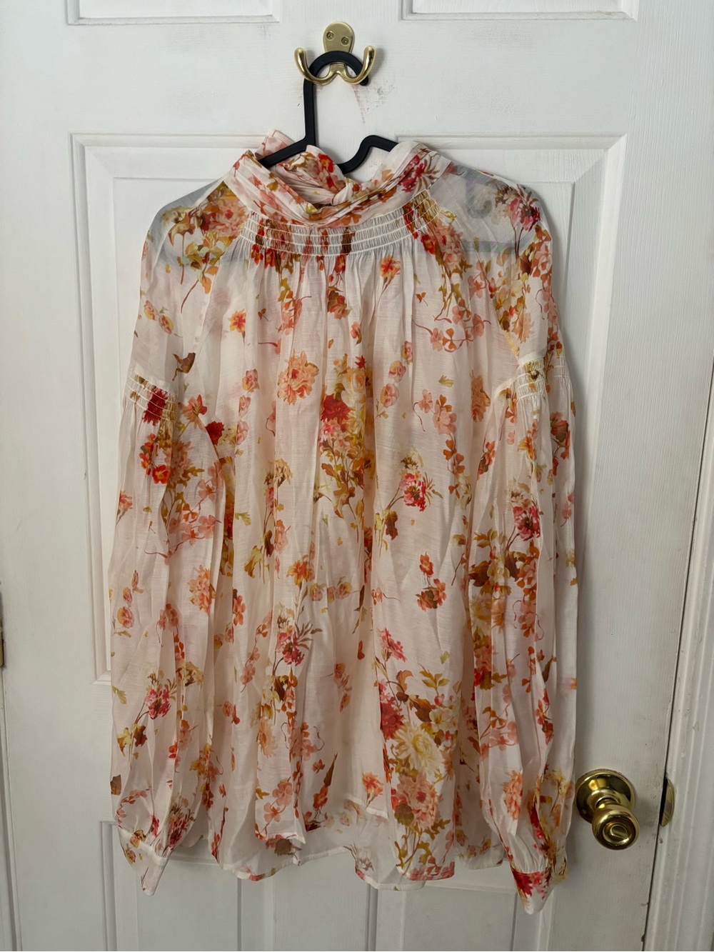 AllSaints Cream Sheer Floral High-Neck Blouse with Pink & Orange Blooms
